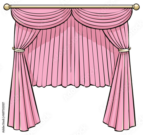 Elegant Pink Drapes with Valance Swags Tiebacks and Gold Rod Illustration