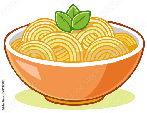 Illustrated bowl of delicious pasta noodles with fresh green basil leaves