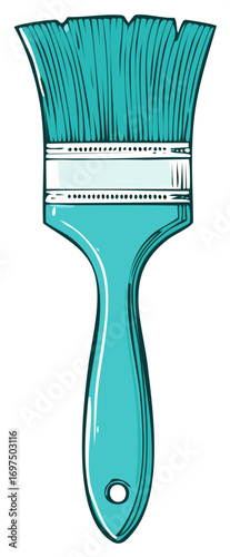 Hand drawn illustration of a teal colored paint brush, tool concept.