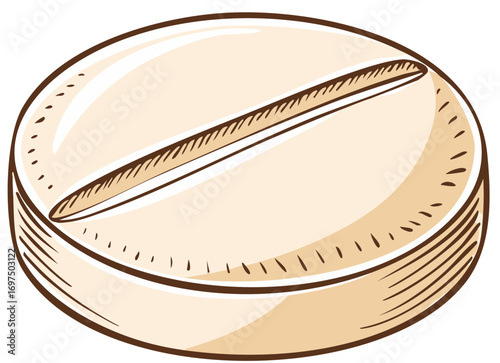 Hand drawn illustration of a single round light brown pill with a visible score line