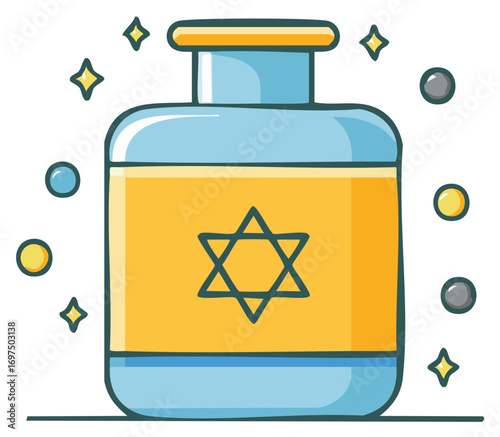 Magical cartoon potion jar with a Jewish Star of David symbol and sparkles illustration