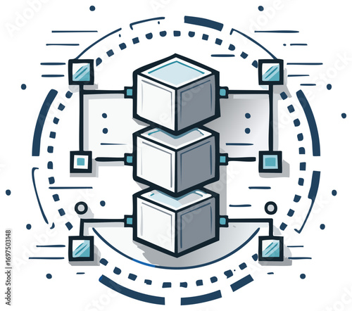Network illustration with stacked blocks connecting to outer nodes forming a circle, depicting linked data and decentralized technology.