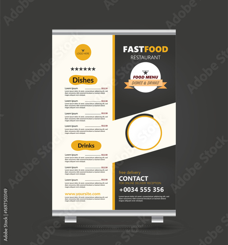 Restaurant Menu Display: A modern roll-up banner displaying a fast-food menu design, showcasing dishes and drinks with contact information, perfect for advertising and promoting culinary offerings.