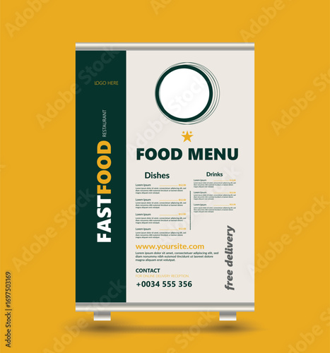 A Fast Food Menu Board : Presenting a fast food menu, the board is designed for showcasing food items, contact details, and a website, promoting a seamless experience for customers. 