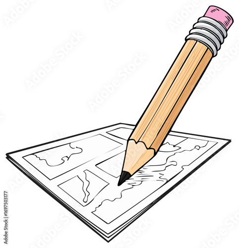 Illustration of a pencil drawing a storyboard or comic strip with blank panels.