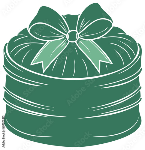 Stylized round green gift box with a large ribbon bow isolated vector illustration for a special occasion