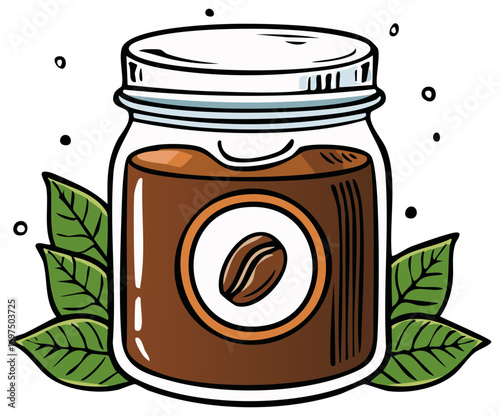 Glass jar of instant coffee with a coffee bean label and leaves cartoon vector illustration