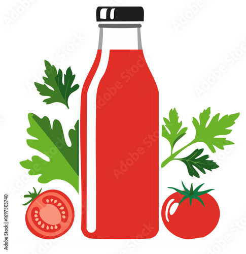 Red juice bottle with tomatoes and green leaves illustration