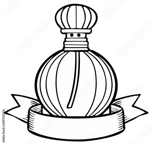 Elegant outline of a vintage perfume bottle with a decorative banner element