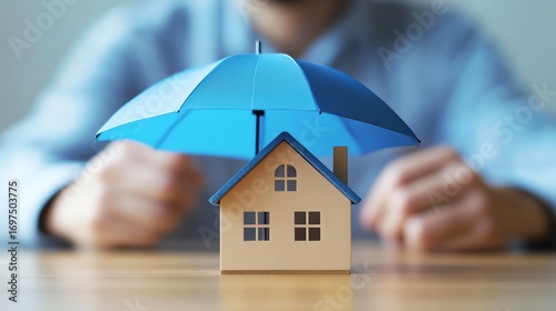 Fototapeta Naklejka Na Ścianę i Meble -  House model protected by an umbrella symbolizing security.