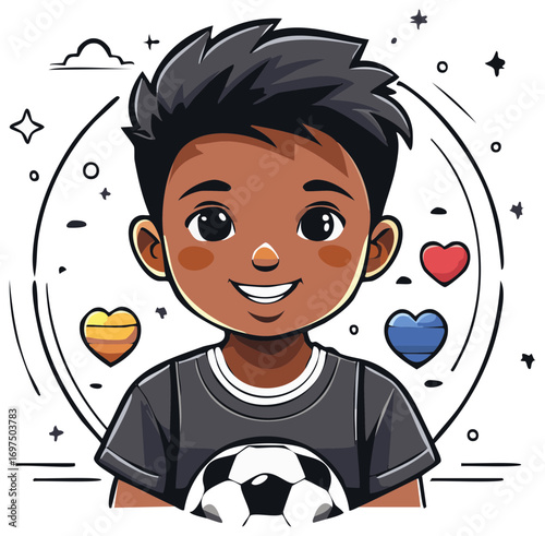 Happy Cartoon Boy Holding a Soccer Ball with Decorative Heart Shapes