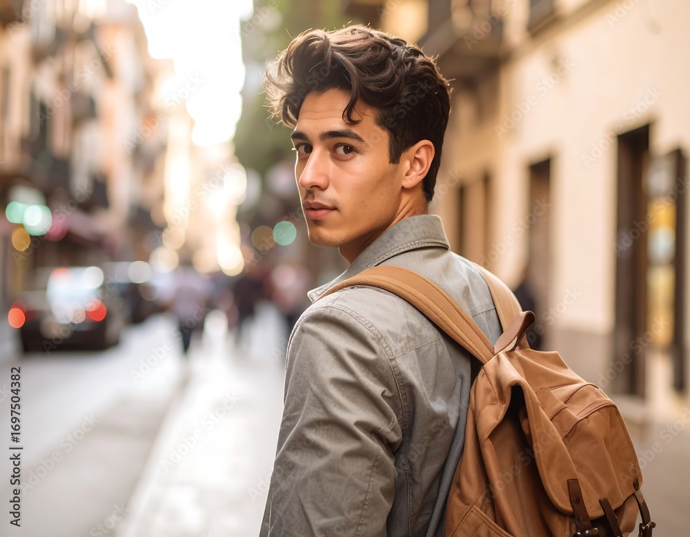 Fototapeta premium Young man looking back on city street (1)