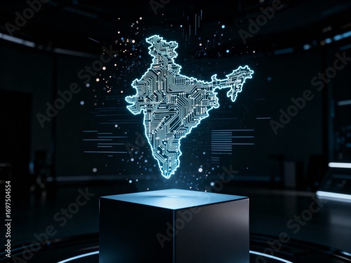 Futuristic holographic projection of India's map with digital circuit board technology