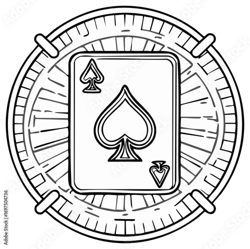 Black and white illustration featuring an Ace of Spades playing card on a gambling roulette wheel