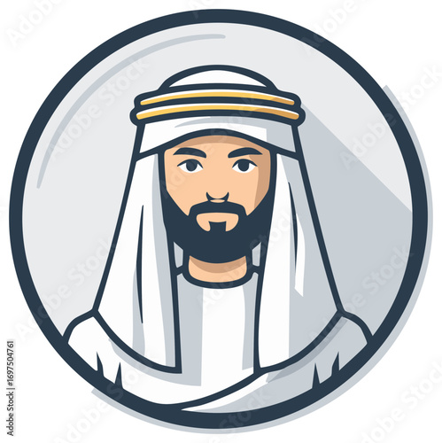 Cartoon Portrait of a Man Wearing a Traditional Arab Headdress and Robe