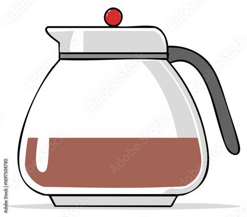 Coffee pot filled with brown liquid, glass container with a red knob