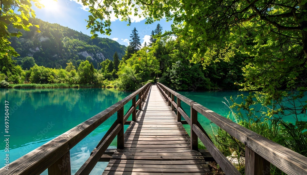 Naklejka premium A tranquil wooden bridge stretches across a vibrant turquoise lake, surrounded by lush greenery and mountains under a bright, sunny sky.