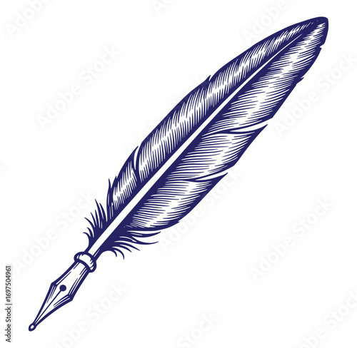 Detailed engraved illustration of a quill feather pen for creative writing and design