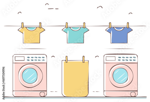Colorful shirts drying on clothesline with washing machines and laundry basket