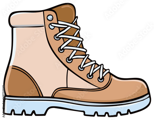 Tan leather work boot with white laces and a chunky blue sole side view illustration
