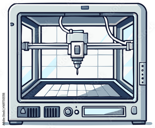 Detailed illustration of a modern 3D printer with its printing head ready to work