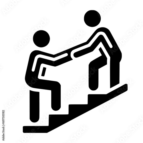 One person helping another up the stairs black vector icon with transparent background 