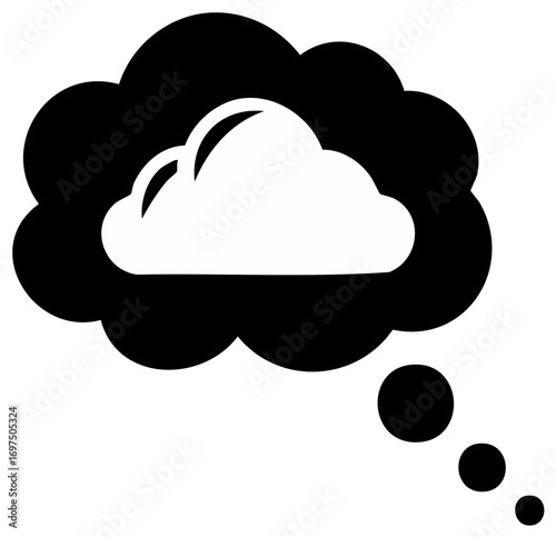 Black thought bubble containing a white cloud shape with curved lines inside