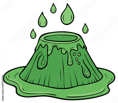 Cartoon green volcano with flowing lava and droplets illustration
