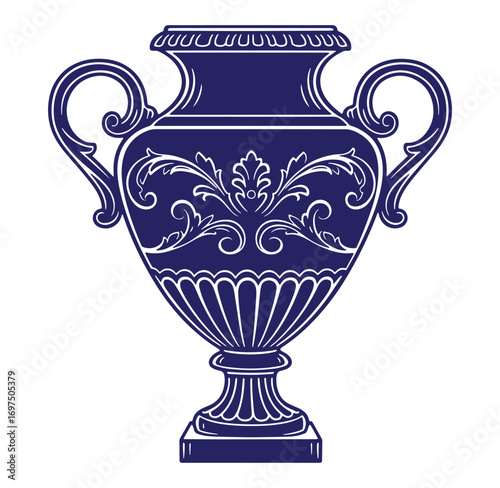 Elegant blue and white vector illustration of a classic decorative urn with ornate details