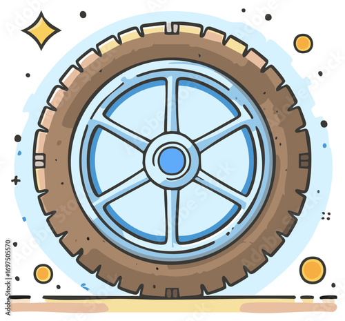 Cartoon illustration of an auto wheel with a rubber tire and metal rim