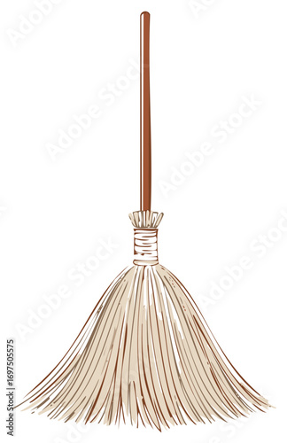 Hand-drawn illustration of broom with wooden handle and straw-like bristles.