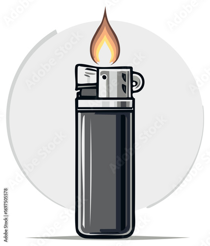 Black plastic disposable lighter with a burning flame vector illustration