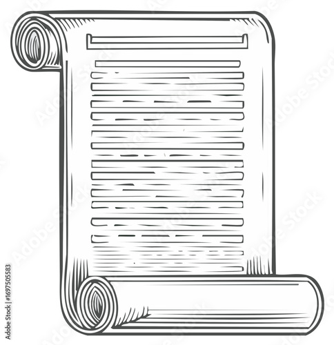 Vintage hand drawn illustration of an ancient parchment scroll unrolled with script lines in an engraving style