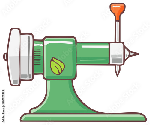 Green cartoon illustration of a vintage sewing machine with a leaf logo