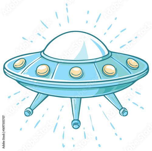 Cartoon illustration of a blue and white flying saucer