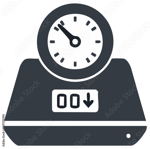Weight scale with analog dial and digital display, zero weight measurement.