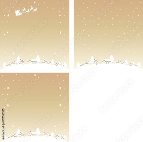 サンタクロースとトナカイのソリが飛ぶ、雪の街並みクリスマス背景セット