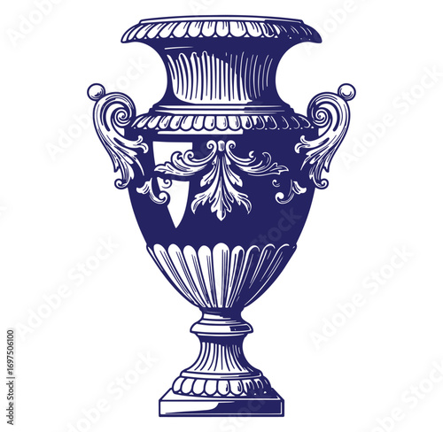 Elegant detailed blue and white engraved decorative urn vector illustration on white background
