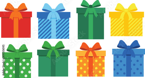 Colorful Gift Boxes with Ribbons and Patterns for Celebration and Holiday Design