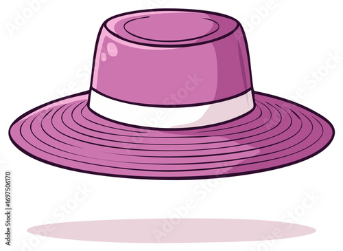 Elegant pink summer sun hat with a wide brim and white ribbon vector illustration