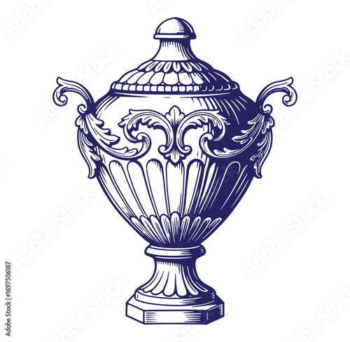 Elegant engraved vector illustration of an antique ornamental urn or vase design