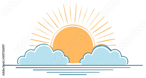 Stylized sunrise over gentle waves with fluffy clouds and bright sun rays