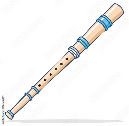 Stylized beige wind instrument vector with blue accents, a simple cartoon recorder.