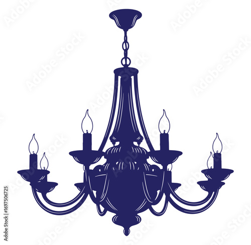 Elegant silhouette of an antique chandelier with lit candles on a white background