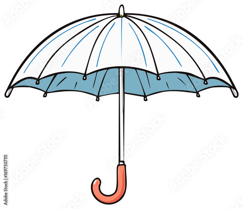Isolated Illustration of Blue and White Open Umbrella with Curved Red Handle Protects From Rain or Sun
