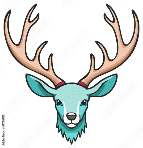 Stylized blue cartoon deer head with large antlers, vector illustration for design, isolated on white