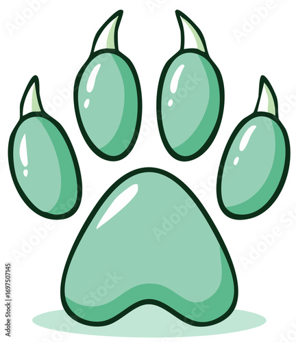 A cute cartoon animal paw print with sharp claws. Stylized green vector graphic for a pet or wildlife symbol.