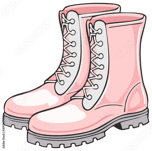 Stylish pink combat boots with white laces cartoon illustration
