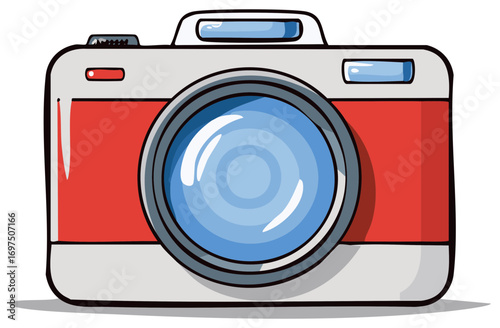 Cartoon red digital camera with blue lens and flash detail on white