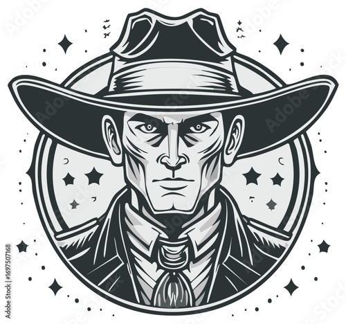 Mysterious man with cowboy hat and starry design, vintage black and white illustration